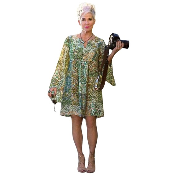 Anthropologie Floreat Green Pattern Angled Sleeve Dress B7 - Picture 3 of 11